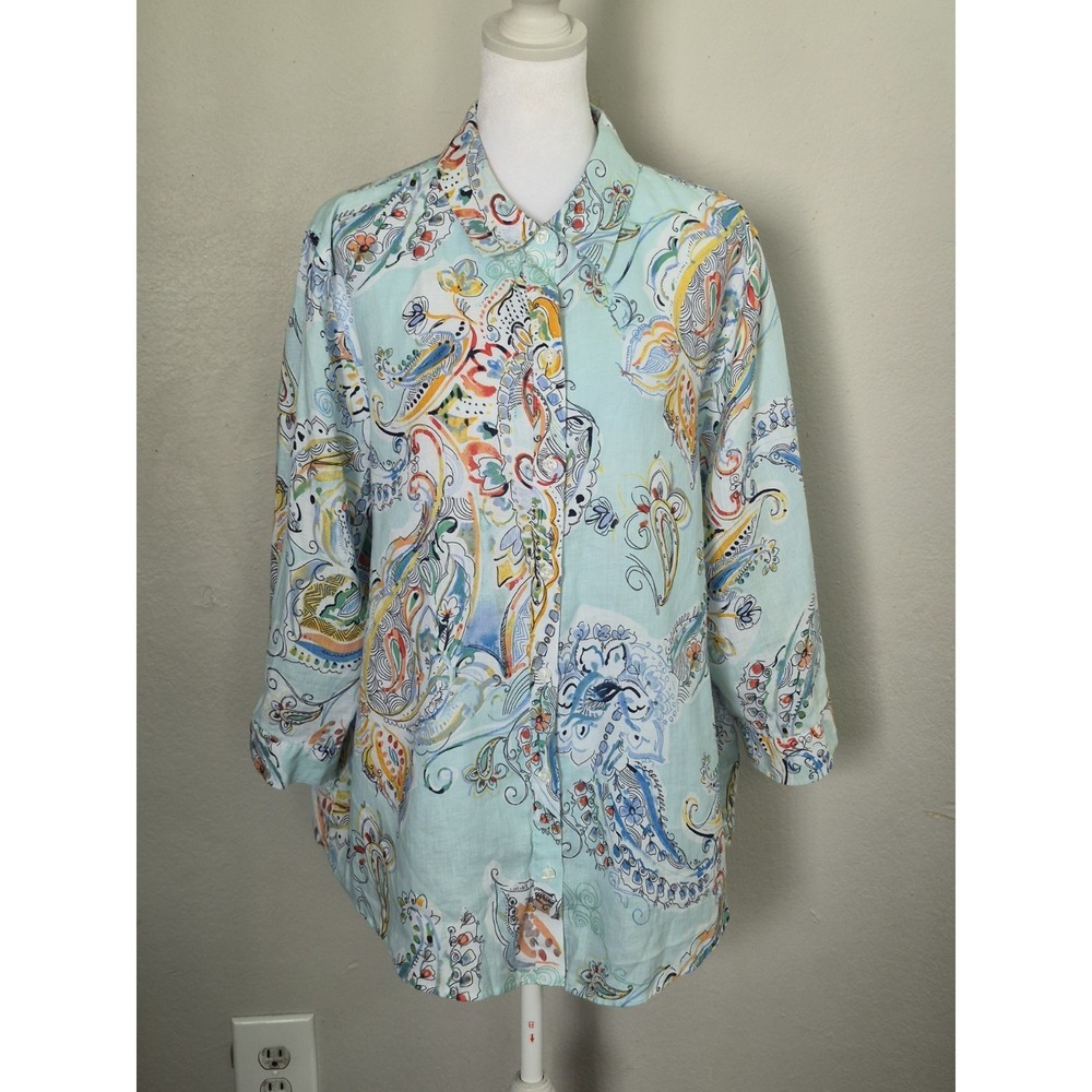CHICO'S Women's Effortless 100% Linen Paisley Sina Button Shirt Sz 3(Large) Boho